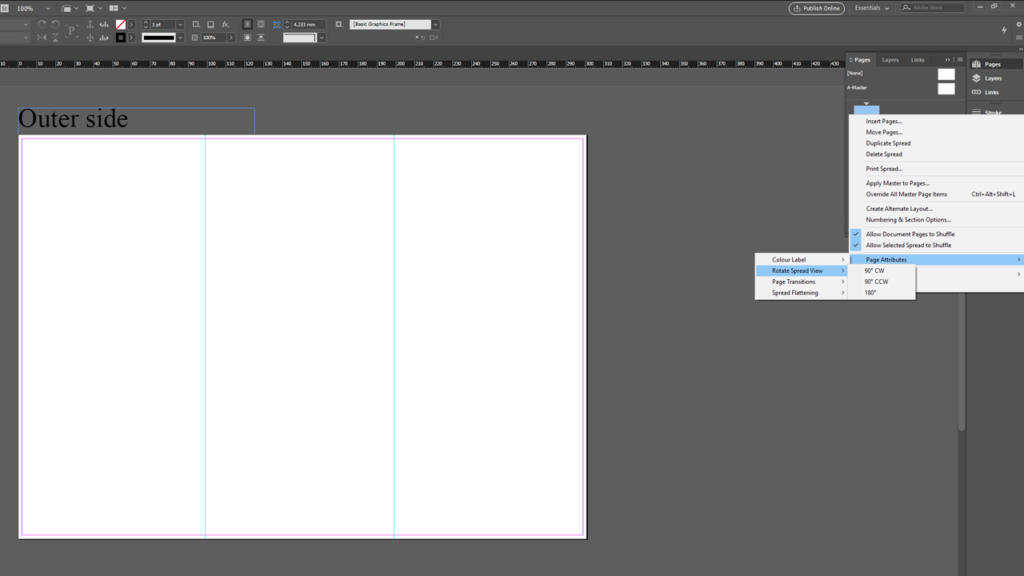 Screenshot di un'interfaccia software di progettazione grafica che mostra un documento vuoto etichettato Outer side con guide e opzioni di menu. Il menu di destra offre impostazioni per pieghevole a sei pagine, prestazioni di visualizzazione, evidenziazione e visibilità della griglia.