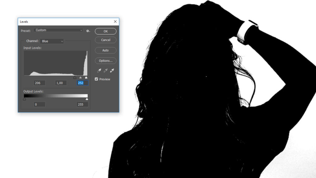 Silhouette di una persona con i capelli mossi, mano sulla testa, in piedi accanto a uno screenshot del pannello di regolazione dei livelli di Photoshop. Perfetto per chi vuole padroneggiare tecniche come "scontornare i capelli" con precisione. Lo sfondo rimane nitido e bianco.