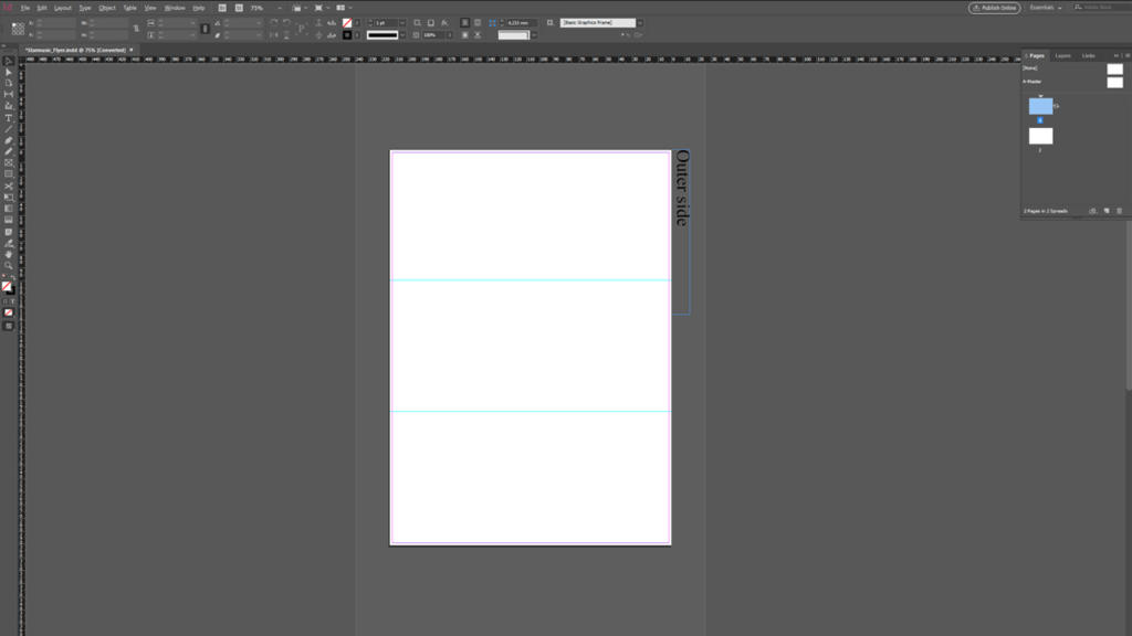 Screenshot di un'interfaccia software di progettazione che mostra un layout di pagina vuoto e verticale con due guide orizzontali, ideale per creare un pieghevole a sei pagine. L'area di lavoro presenta barre degli strumenti e pannelli su uno sfondo grigio scuro, che mostrano livelli e strumenti per la modifica.