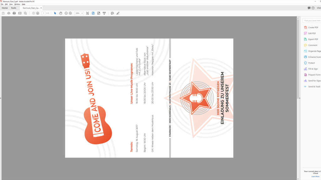 Un invito a tema chitarra si apre come un pieghevole a sei pagine, che mostra "Come and Join Us!" al Lorem Ipsum Festival. Con una stella con un microfono, sfoggia un invitante schema di colori arancione e bianco, con dettagli come data e luogo nel testo segnaposto.