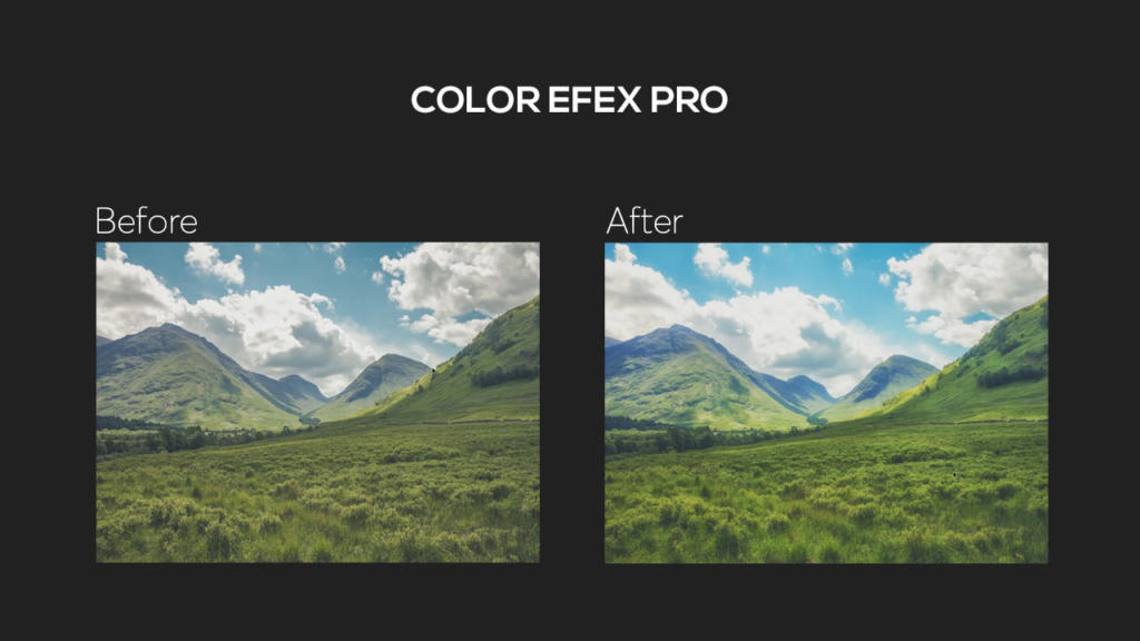 Prova un confronto affiancato di una foto di un paesaggio usando Color Efex Pro di Google Nik Collection. L'immagine Before appare meno vivace, mentre l'immagine After esplode di colori migliorati, evidenziando magnificamente l'erba verde, il cielo azzurro e le nuvole bianche.