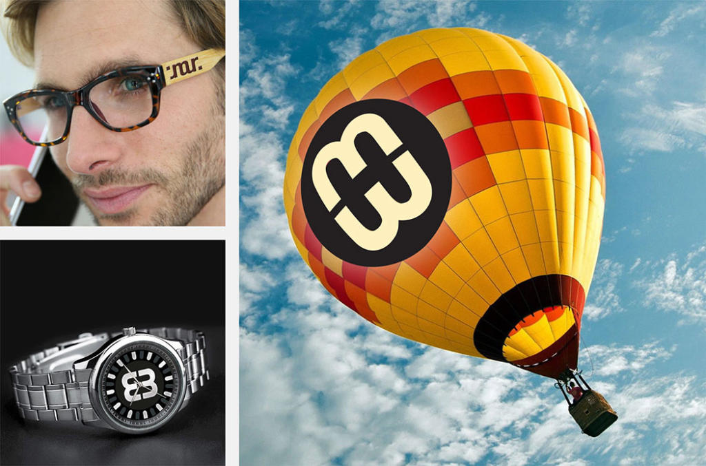 Una mongolfiera colorata sfoggia un logo ambigramma in alto nel cielo. Le immagini inserite evidenziano una persona che indossa occhiali decorati con lo stesso design unico e un primo piano di un orologio da polso metallico che mostra l'ambigramma sul quadrante.