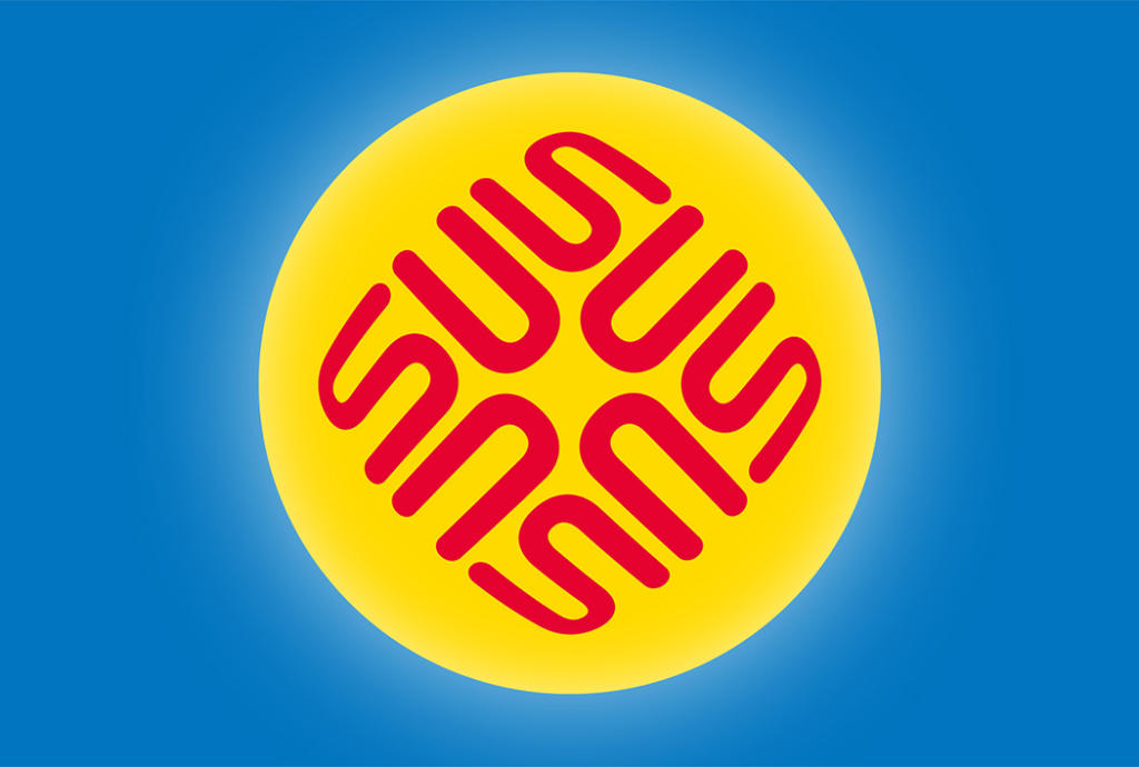 Un logo rosso stilizzato con un ambigramma con linee simmetriche e ondulate che formano un quadrato è centrato su un cerchio giallo brillante. Lo sfondo blu vivido crea un contrasto sorprendente.