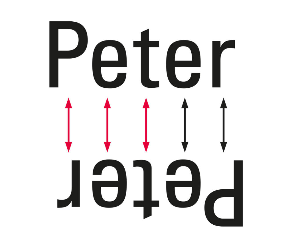 L'immagine mostra la parola Peter due volte: una volta normalmente e una volta capovolta sotto di essa, formando un ambigramma. Le frecce rosse collegano le lettere corrispondenti in entrambi gli orientamenti, con le frecce nere che evidenziano l'allineamento unico della lettera t.