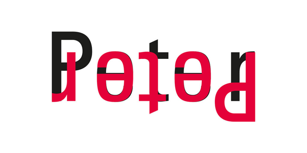La parola Peter è realizzata come un ambigramma, specchiato e invertito per creare un disegno simmetrico e visivamente intrigante, con i colori nero e rosso alternati su uno sfondo bianco.