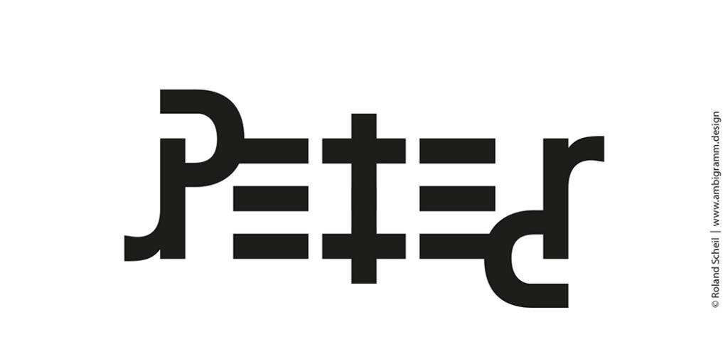 L'immagine mostra un ambigramma della parola Peter, realizzata per essere letta in modo identico se invertita. Presenta lettere stilizzate con elementi simmetrici, progettate da Roland Schell. Il sito web del design è visibile sul lato destro.