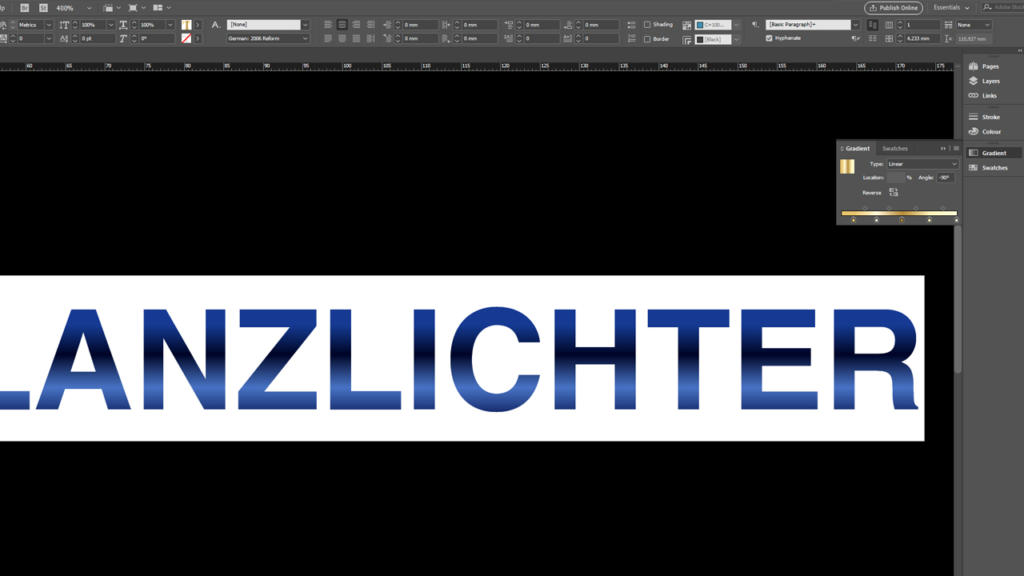 Screenshot dell'interfaccia di Adobe InDesign con la parola LANZLICHTER in grassetto, testo sfumato blu su sfondo bianco. L'area di lavoro mostra varie opzioni della barra degli strumenti, impostazioni e un accenno del colore oro in CMYK per un tocco di design aggiunto.