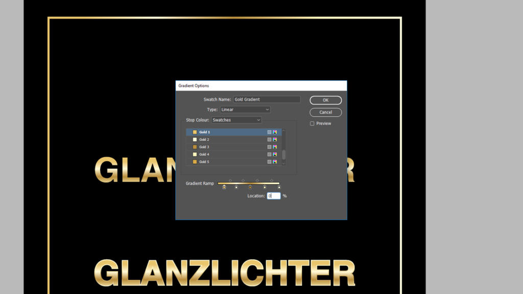Uno screenshot dell'interfaccia di un software di progettazione grafica che mostra le opzioni di sfumatura in colore oro in CMYK. Il pannello sfumatura mostra campioni di colore oro e lo sfondo presenta la parola GLANZLICHTER in un font dorato audace e scintillante.