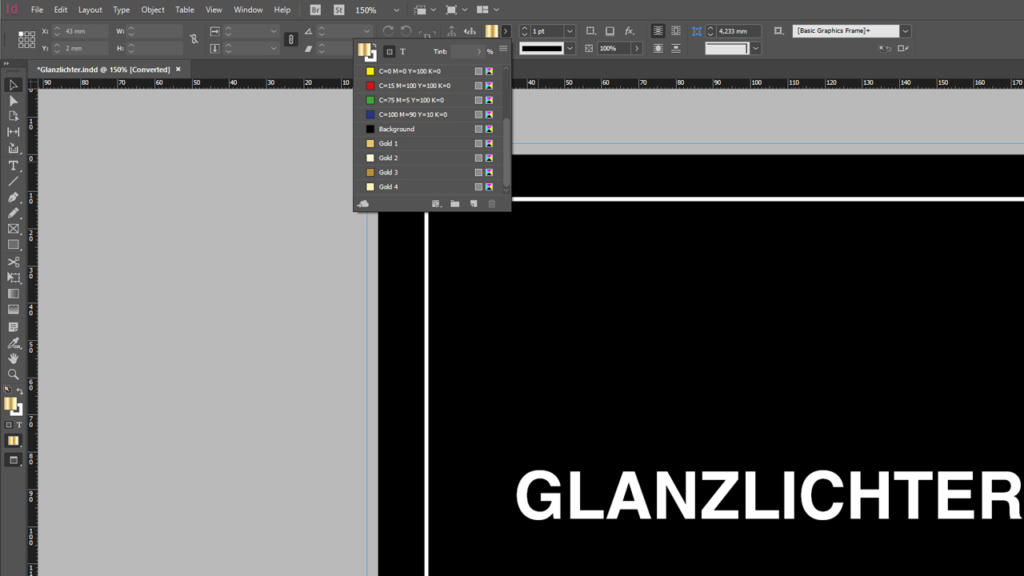 Screenshot dell'interfaccia di un software di progettazione grafica. L'area di progettazione presenta un rettangolo nero con la parola GLANZLICHTER in bianco. Le barre degli strumenti e i pannelli mostrano livelli, proprietà e diverse icone. Anche le opzioni per il colore oro nelle impostazioni CMYK sono visualizzate in modo evidente.