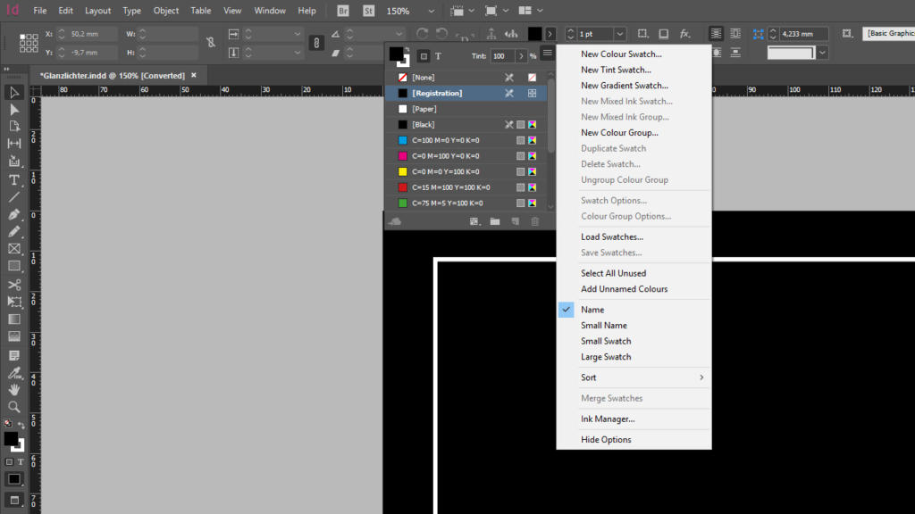 Uno screenshot del software Adobe InDesign mostra il pannello dei campioni colore in modalità scura, con un menu a discesa per la gestione dei campioni. Le opzioni includono la creazione di nuovi campioni e la loro unione. L'area di lavoro evidenzia un'opzione "colore oro in CMYK" per scelte di design vivaci.