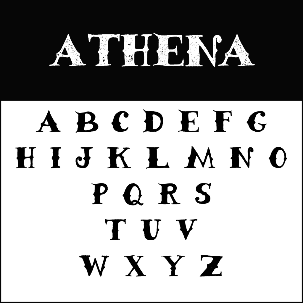 Un display di font vintage intitolato ATHENA mostra l'alfabeto in lettere maiuscole stilizzate. Con grazie spesse e decorative su uno sfondo bianco a contrasto, questo design trasuda un'eleganza senza tempo dalla A alla Z.