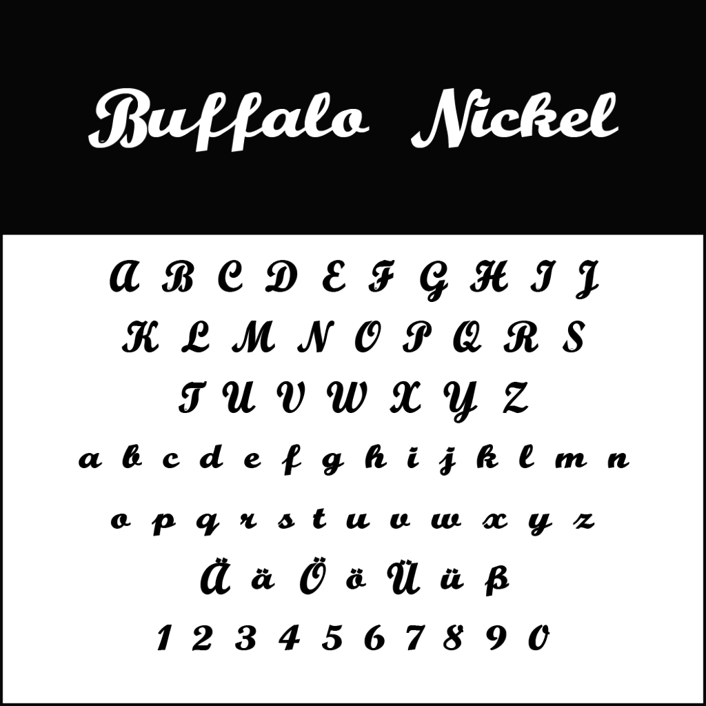 Visualizzazione del font per Buffalo Nickel in grassetto, con uno stile di font vintage. Include lettere maiuscole e minuscole dalla A alla Z, caratteri speciali Ä, Ö, Ü, ß e numeri da 0 a 9. La sezione superiore mostra in modo evidente il nome del font in testo grande.