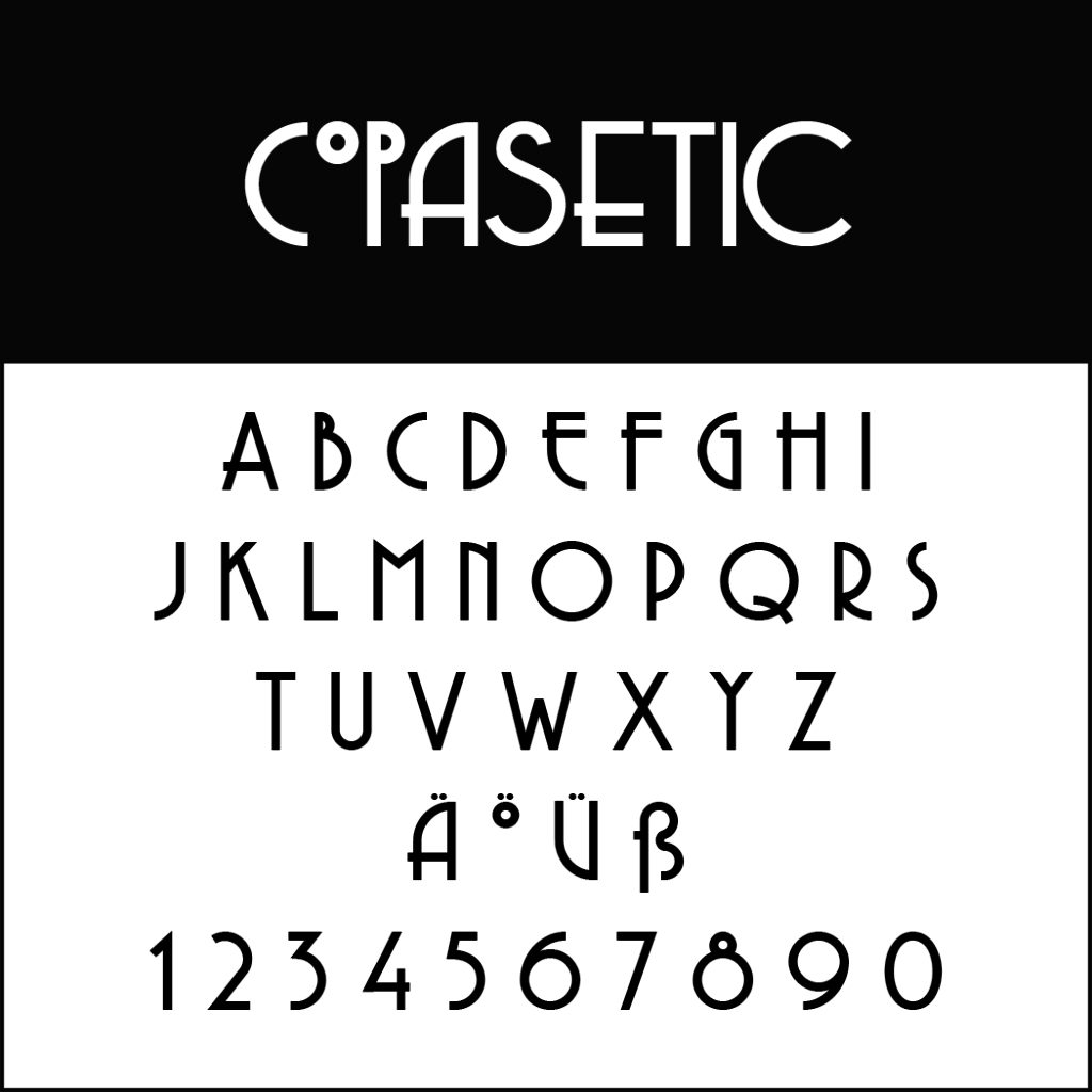 Un poster stilizzato di un font vintage mostra l'alfabeto e i numeri da 0 a 9 in uno stile art déco unico. Le lettere e i numeri neri contrastano con lo sfondo bianco. I segni diacritici sono rappresentati con Ä, Ü, ß mostrati separatamente. In alto, il nome del font Copasetic è orgogliosamente esposto.