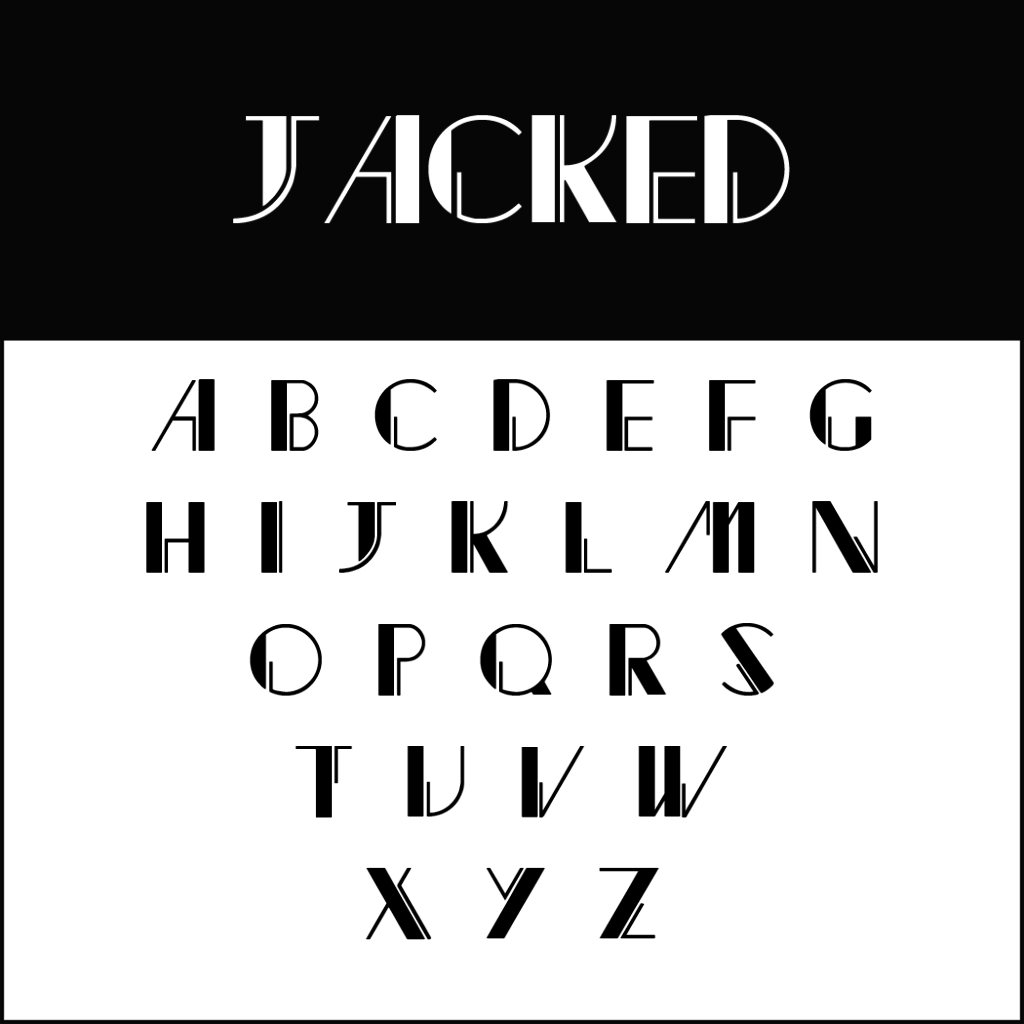 Il font dell'alfabeto intitolato Jacked presenta uno stile geometrico con un pizzico di stile vintage. Il set include lettere maiuscole dalla A alla Z. Lo sfondo si divide in nero con testo bianco sopra e bianco con testo nero sotto, creando un contrasto sorprendente.