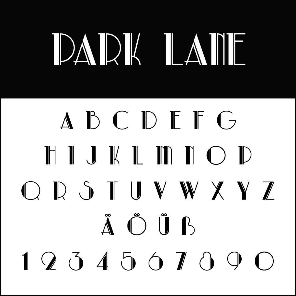 Viene esposto il font vintage Park Lane in stile Art Déco. Presenta lettere maiuscole dalla A alla Z, lettere accentate Ä, Ö, Ü e numeri da 0 a 9 con un design geometrico e decorativo.