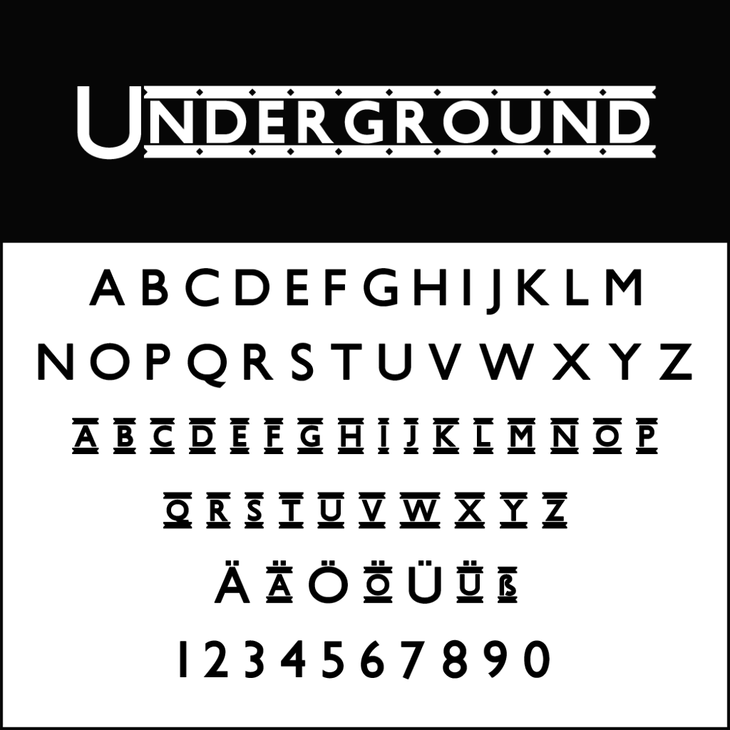 Design tipografico che mostra la parola Underground in lettere di font vintage stilizzate. Di seguito sono riportate varianti dell'alfabeto, caratteri speciali e numeri da 0 a 9 nello stesso stile classico.