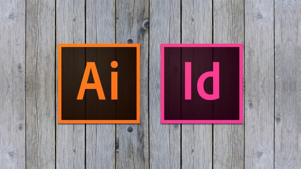 Le icone del logo Ai arancione e Id rosa, che rappresentano Adobe Illustrator e InDesign, sono visualizzate su uno sfondo di assi di legno chiaro, con ogni icona delicatamente valorizzata da un effetto taglio del contorno.
