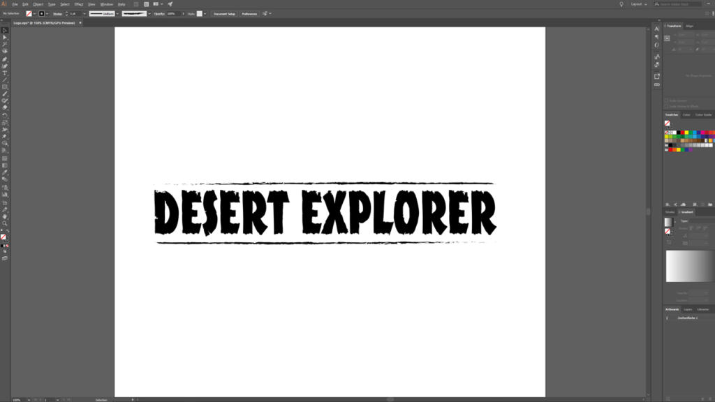 Screenshot di un design di testo in un'area di lavoro di modifica di foto digitali. Il testo DESERT EXPLORER è in grassetto, lettere nere, in stile stencil su uno sfondo bianco, preparato come dati per la stampa. L'interfaccia di modifica mostra strumenti e opzioni sui lati.