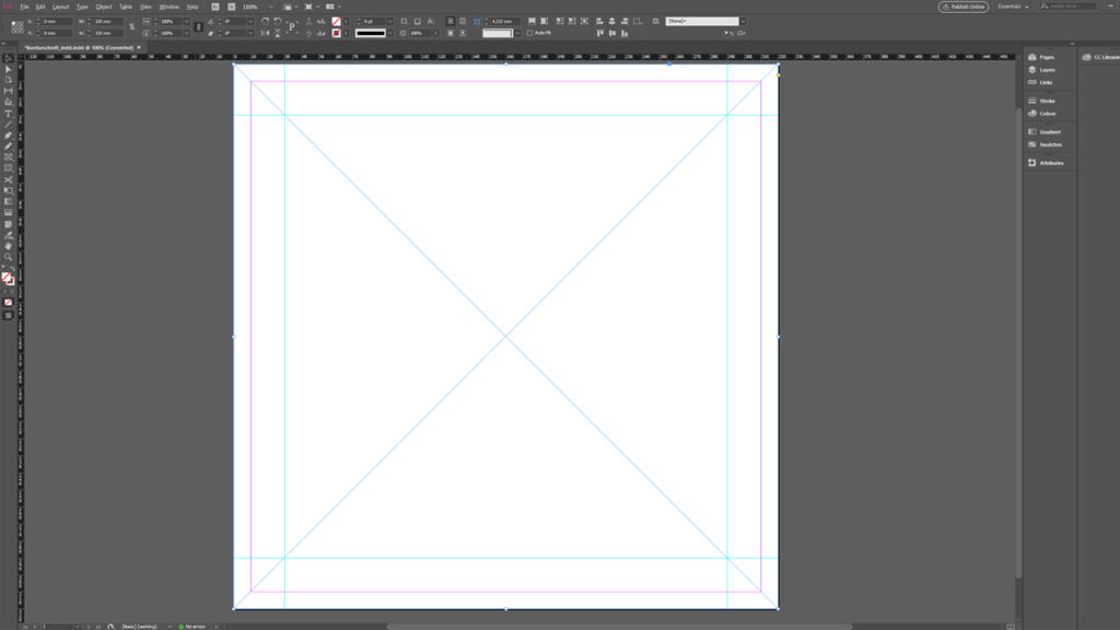 Uno screenshot dell'interfaccia di Adobe InDesign rivela un'area di lavoro vuota con una cornice quadrata e delle guide. Le barre degli strumenti circondano la tela, mostrando varie opzioni e impostazioni degli strumenti di progettazione, ideali per ottenere un taglio del contorno preciso nei tuoi layout.