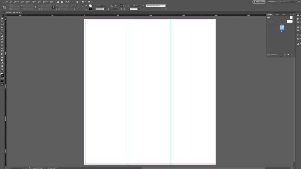 Screenshot di un'area di lavoro di Adobe InDesign che mostra un documento vuoto con un layout a tre colonne, che ricorda l'organizzazione di una torre pop-up. L'interfaccia include strumenti e menu in alto e a sinistra, con righelli e linee guida blu visibili sulla pagina.