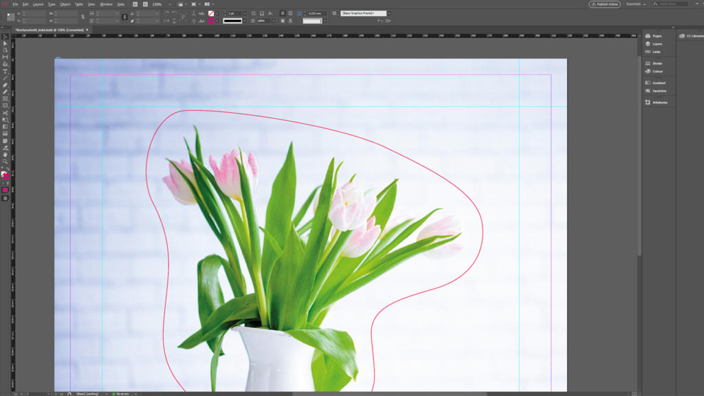 Uno schermo di computer rivela un'interfaccia software di progettazione grafica che mostra una foto vibrante di tulipani rosa con foglie verdi in un vaso bianco. I tulipani sono elegantemente delineati da una linea di selezione rossa, che ricorda il taglio del contorno, evidenziandone la delicata bellezza.