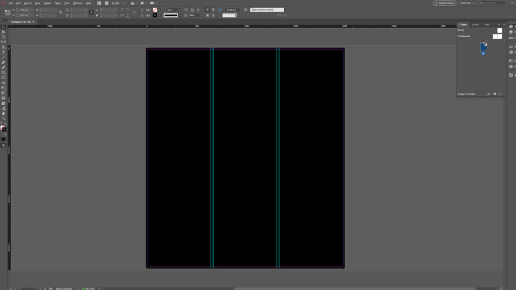 Screenshot dell'interfaccia di Adobe InDesign che mostra un documento vuoto su uno sfondo nero con due guide blu verticali, che ricordano una torre pop-up. L'area di lavoro è completa di barre degli strumenti e opzioni di modifica.