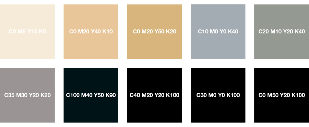 Una griglia di 10 campioni di colore, o "colori CMYK", è etichettata con valori CMYK esatti. I colori spaziano dal beige chiaro al nero intenso e ai toni grigi, e ogni campione specifica le sue specifiche percentuali di colore.