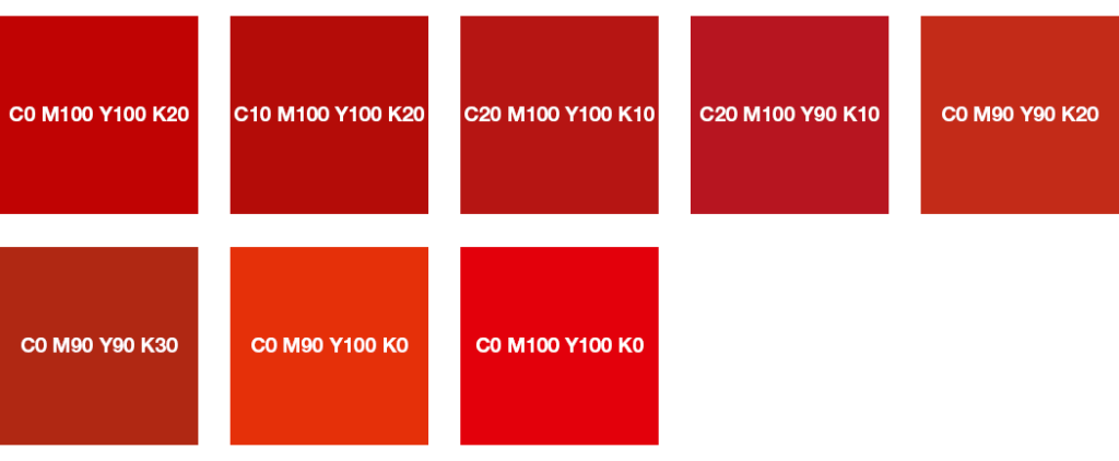 Una griglia vibrante mostra sette quadrati dal rosso all'arancione, ognuno etichettato con valori di colori CMYK univoci. Da sinistra a destra: C0 M100 Y100 K20, C10 M100 Y100 K10, C20 M100 Y90 K10, C0 M90 Y90 K20, C0 M90 Y90 K30, C0 M90 Y100 K0 e C.