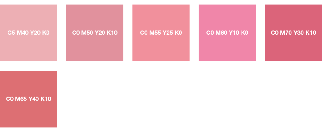 Una serie di sei campioni di colore rosa mostra i valori precisi dei colori CMYK: C5 M40 Y20 K0, C0 M50 Y20 K10, C0 M55 Y25 K0, C0 M60 Y10 K0, C0 M70 Y30 K10 e C0 M65 Y40 K10.