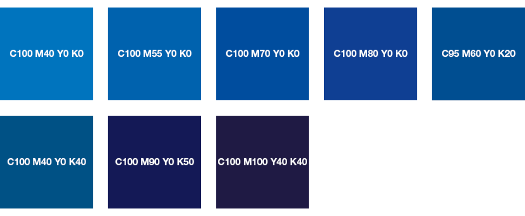 Immagine che mostra una griglia vibrante di otto campioni di colore CMYK blu, che illustrano magnificamente la ricchezza di "colori cmyk". Riga superiore: da C100 M40 Y0 K0 a C95 M60 Y0 K20. Riga inferiore: da C100 M40 Y0 K40 a C100 M100 Y40 K40.