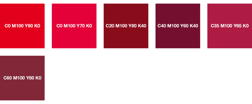 Immagine di sette quadrati colorati con valori CMYK all'interno, che mostrano una matrice vibrante nota come "colori CMYK". Da sinistra a destra: C0 M100 Y90 K0, C0 M100 Y70 K0, C20 M100 Y80 K40, C40 M100 Y60 K40 e, sotto, C60 M100 Y80 K0.