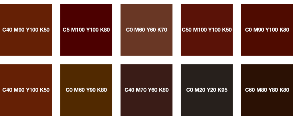 Una griglia di dieci campioni cmyk di colori mostra tonalità vivaci. La riga superiore presenta rossi e marroni intensi, con valori come C40 M90 Y100 K50, mentre la riga inferiore mostra marroni scuri e neri intensi, con valori come C60 M80 Y90 K85.