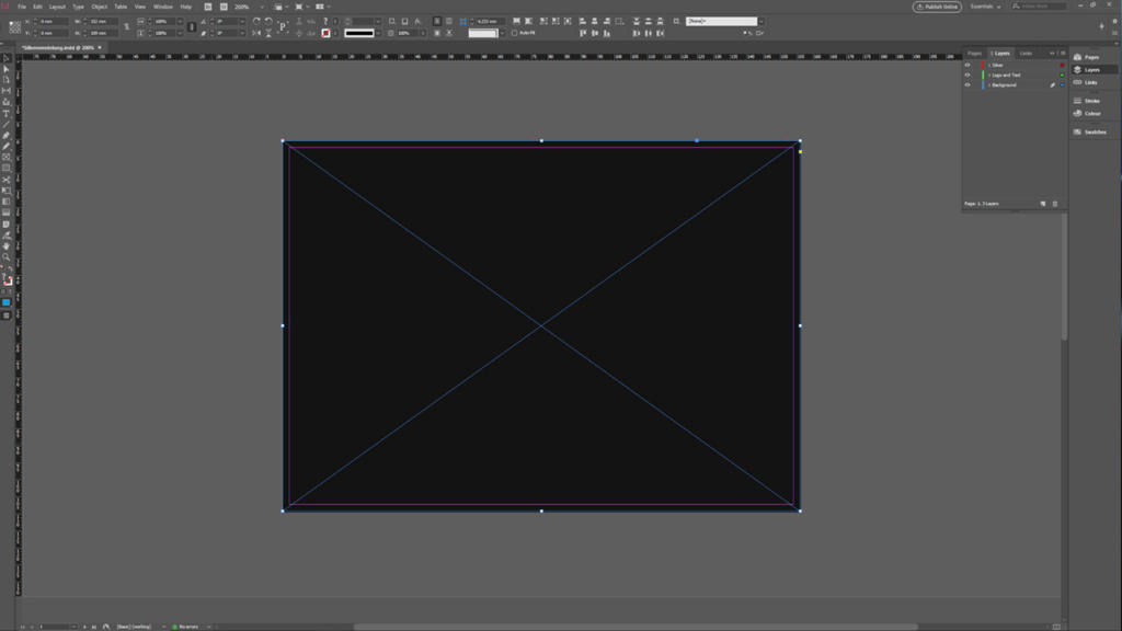 Screenshot dell'area di lavoro di Adobe InDesign che mostra un layout di documento vuoto con un rettangolo nero e una X che lo attraversa, a indicare una cornice vuota. L'interfaccia mostra barre degli strumenti e pannelli sui lati, perfetti per aggiungere effetti come stampa argento per valorizzare il tuo design.