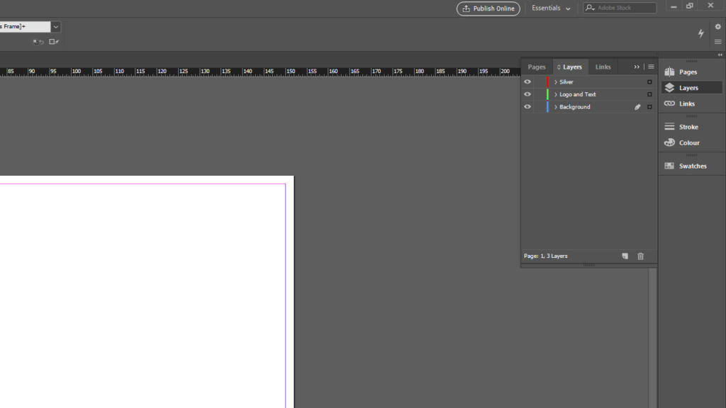 Uno screenshot dell'interfaccia di un software di progettazione grafica rivela un progetto aperto con una tela prevalentemente bianca e accentuata da un contorno rosa. La barra laterale sulla destra mostra pagine, livelli e pannelli di link, mentre la barra degli strumenti offre opzioni di modifica, tra cui l'effetto stampa argento per design abbaglianti.