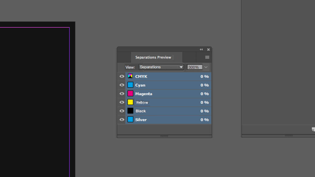 Screenshot di un'interfaccia software che rivela il pannello Separations Preview con le funzionalità di stampa argento. Visualizza i canali CMYK e Silver, ciascuno con copertura 0%, e opzioni per alternare la visibilità per i livelli Cyan, Magenta, Yellow, Black e Silver.