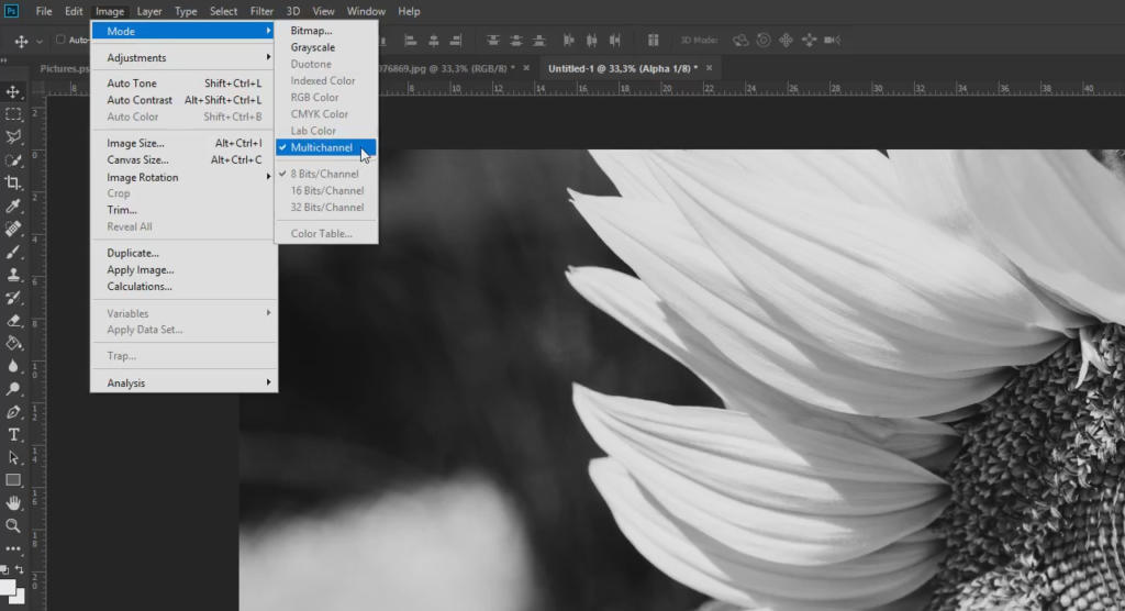 Uno schermo di computer mostra un'interfaccia software di editing delle immagini, che mostra un'immagine in scala di grigi di petali di fiori. Nel menu a discesa sotto Immagine, è evidenziata l'opzione Multicanale, che ricorda bianco e nero in Photoshop.