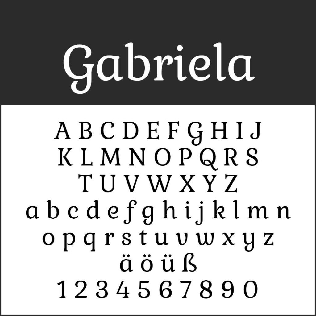 Un campione di font intitolato Gabriela, noto per essere un font facili da leggere, è esposto in caratteri neri su sfondo bianco. Il campione include lettere maiuscole e minuscole dalla A alla Z, vocali con umlaut (ä, ö, ü) e numeri da 0 a 9.