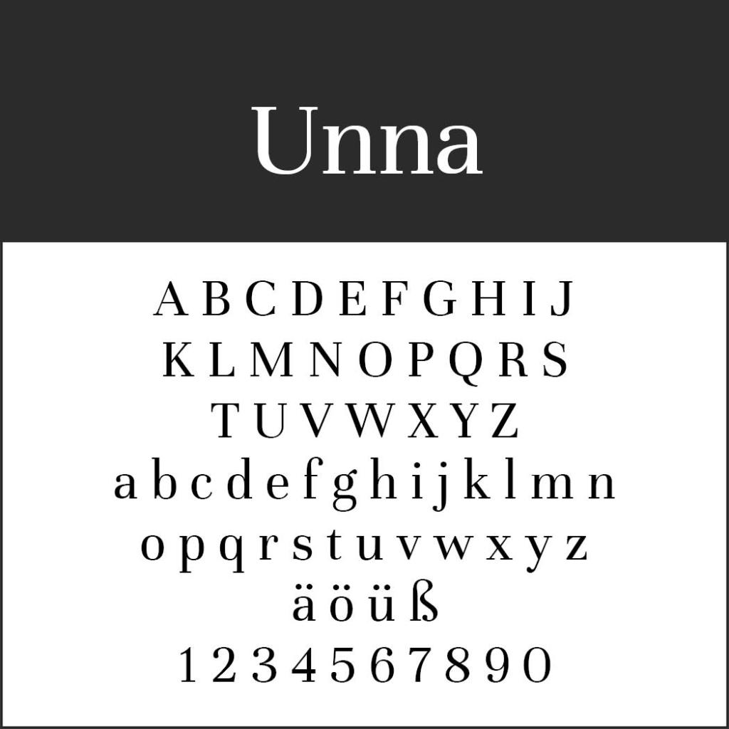Esempio di font Unna, noto per essere facile da leggere, con lettere maiuscole dalla A alla Z, lettere minuscole dalla a alla z, caratteri speciali ä, ö, ü, ß e numeri da 0 a 9 in nero su sfondo bianco.