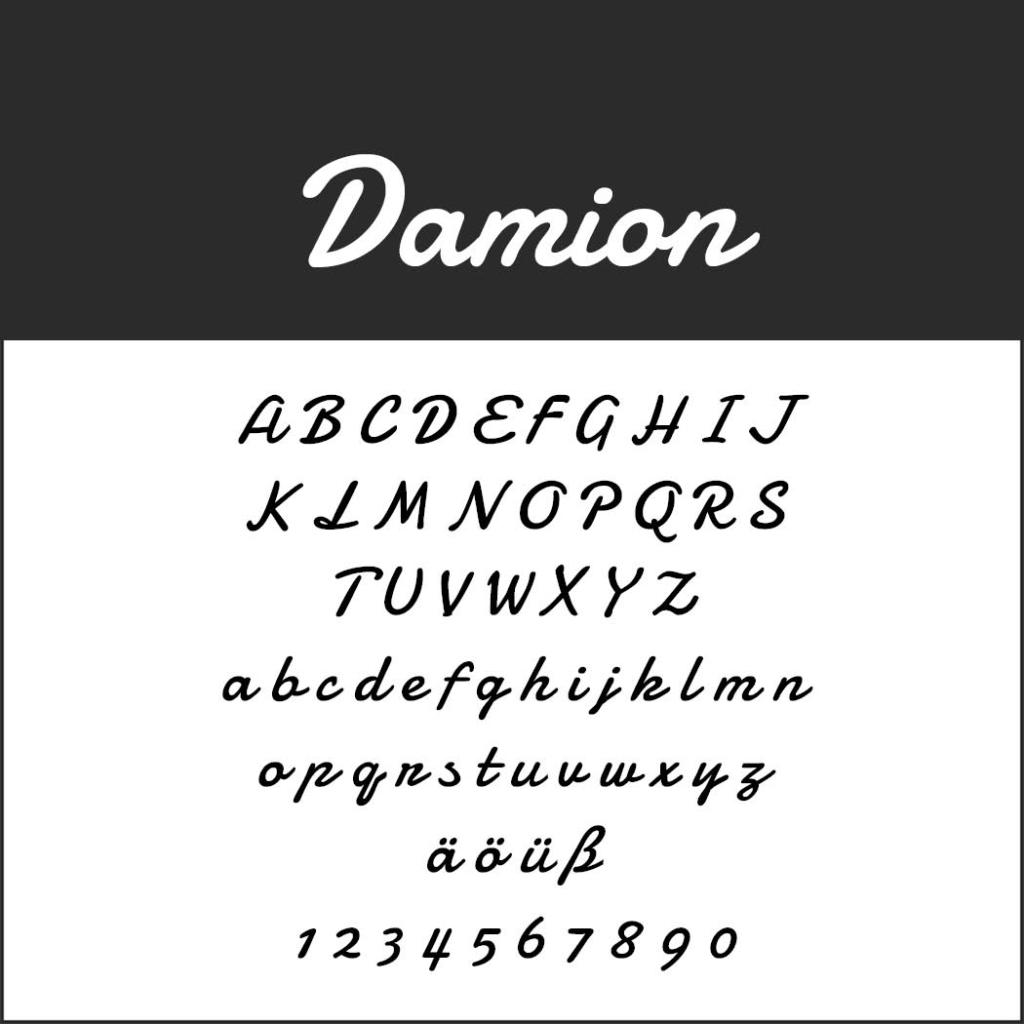 Un esempio del font Damion corsivi mostra lettere corsive maiuscole e minuscole, caratteri speciali ä ö ü ß e numeri da 0 a 9 visualizzati in modo impeccabile.