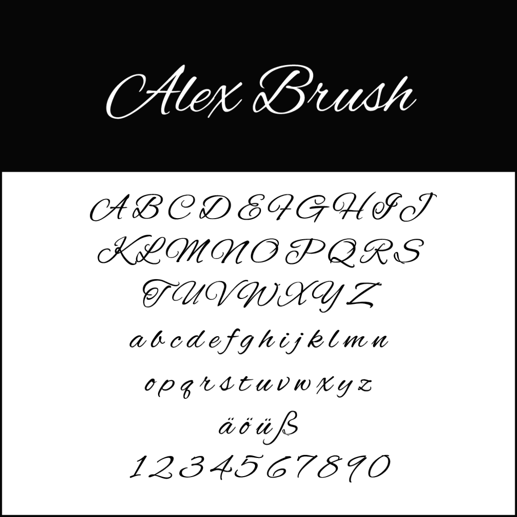 Esempio del font Alex Brush, perfetto per una selezione di "font per matrimonio", che presenta lettere maiuscole e minuscole, caratteri speciali äöüß e numeri da 0 a 9 in un elegante stile corsivo su uno sfondo classico in bianco e nero.