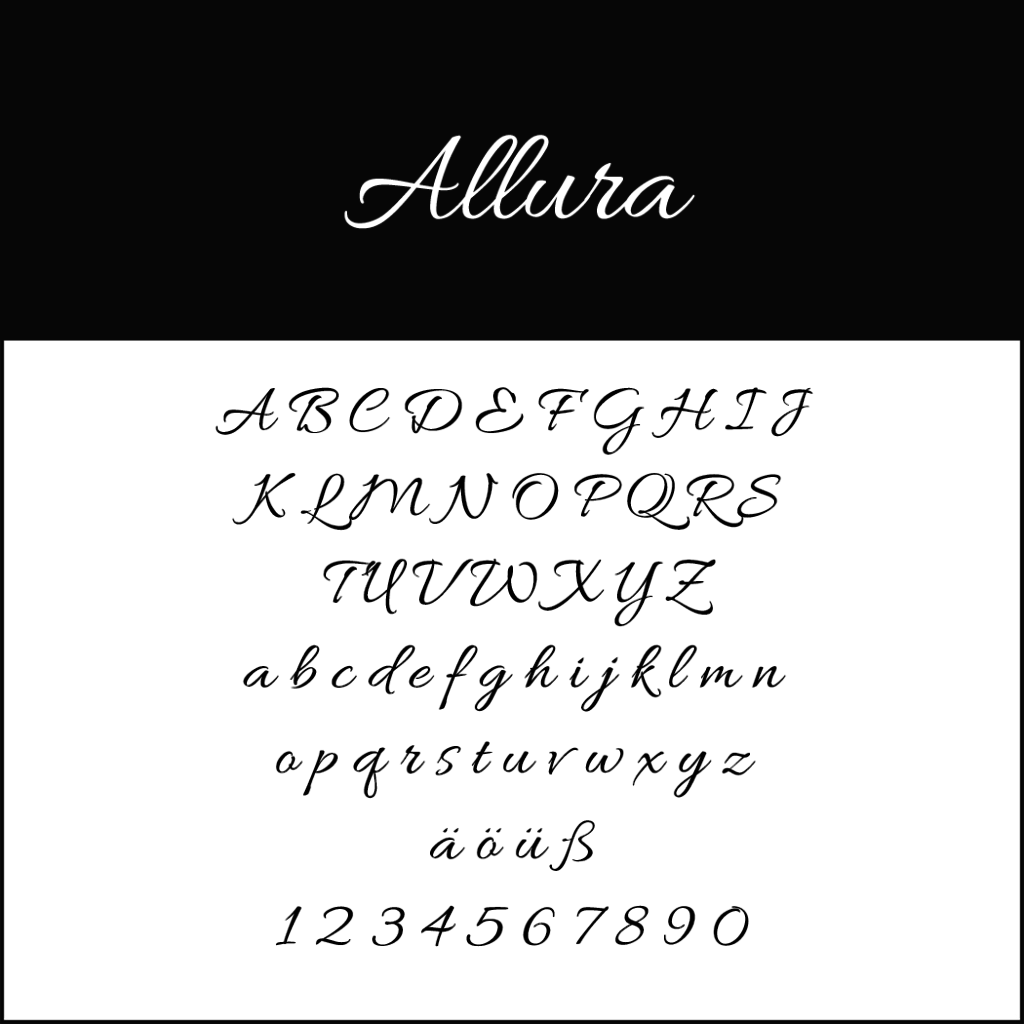 Elegante font corsivo denominato Allura, perfetto come *font per matrimonio*, visualizzato su uno sfondo bianco e nero. Presenta lettere maiuscole e minuscole, caratteri speciali ä ü ß e numeri da 0 a 9 in uno stile aggraziato e scritto a mano.