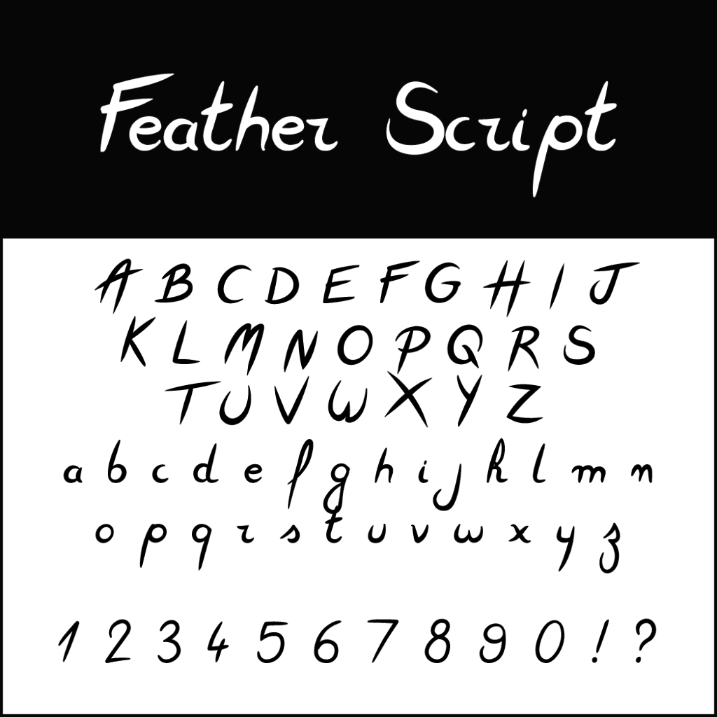 L'immagine mostra il carattere Feather Script, ideale come font per matrimonio. Le lettere maiuscole A-Z e minuscole a-z sono elegantemente visualizzate in una stilosa scrittura corsiva. I numeri 0-9 e i segni di punteggiatura ? e ! completano questo sofisticato design.