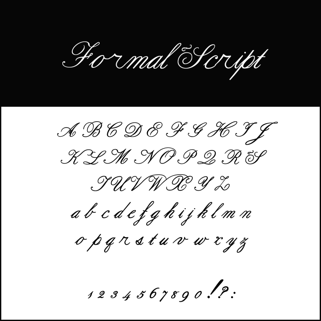 L'immagine mostra il font Formal Script, ideale per i matrimoni, esposto in due eleganti linee. Questo "font per matrimonio" include lettere maiuscole e minuscole dalla A alla Z, accompagnate da numeri da 1 a 0 e segni di punteggiatura come !, ? e :.