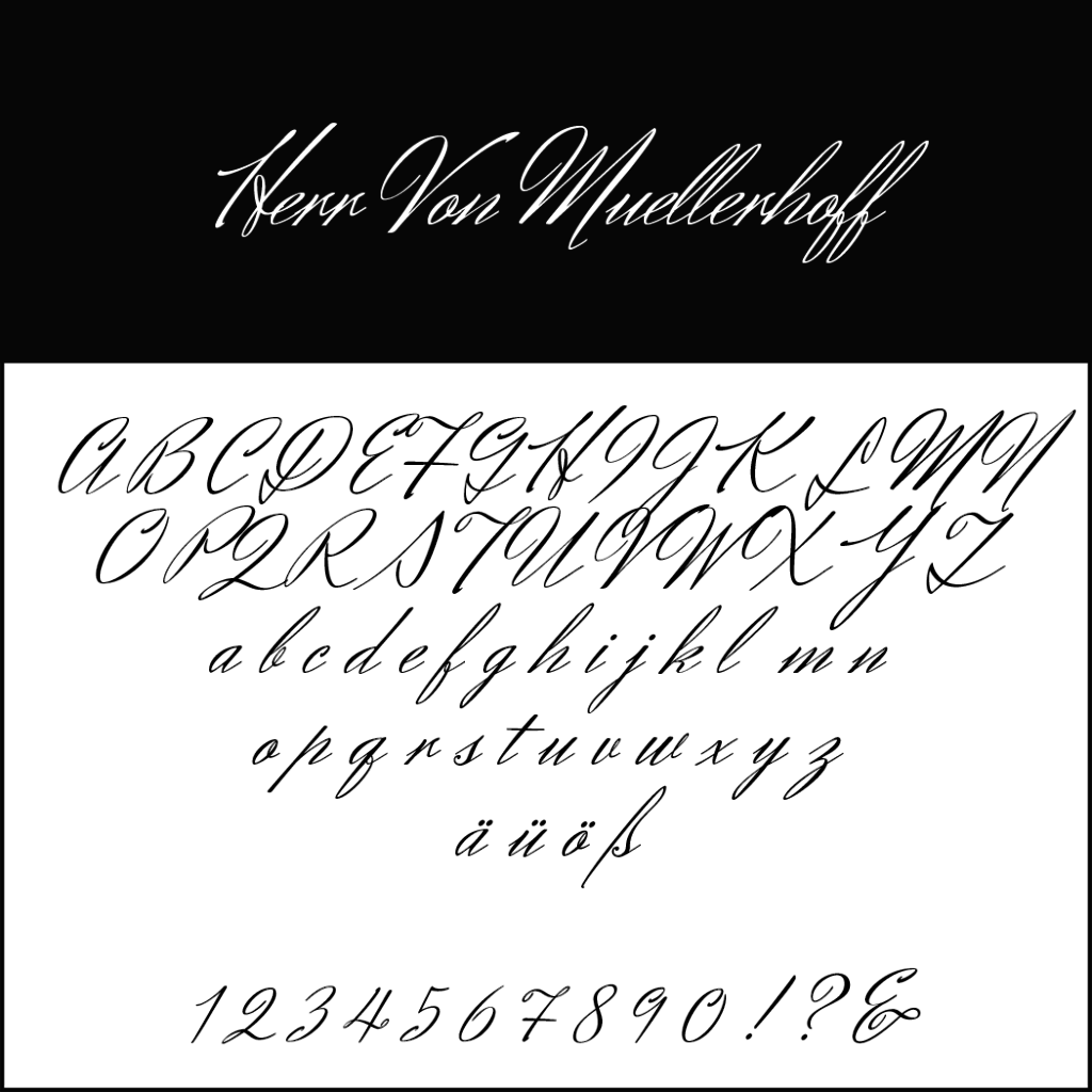 Un esempio di font corsivo intitolato Herr Von Muellerhoff, perfetto per un font per invito di matrimonio. La parte superiore mostra il nome del font in modo elegante. In basso, lettere maiuscole e minuscole, caratteri speciali e numeri sono visualizzati nello stesso stile ornato.