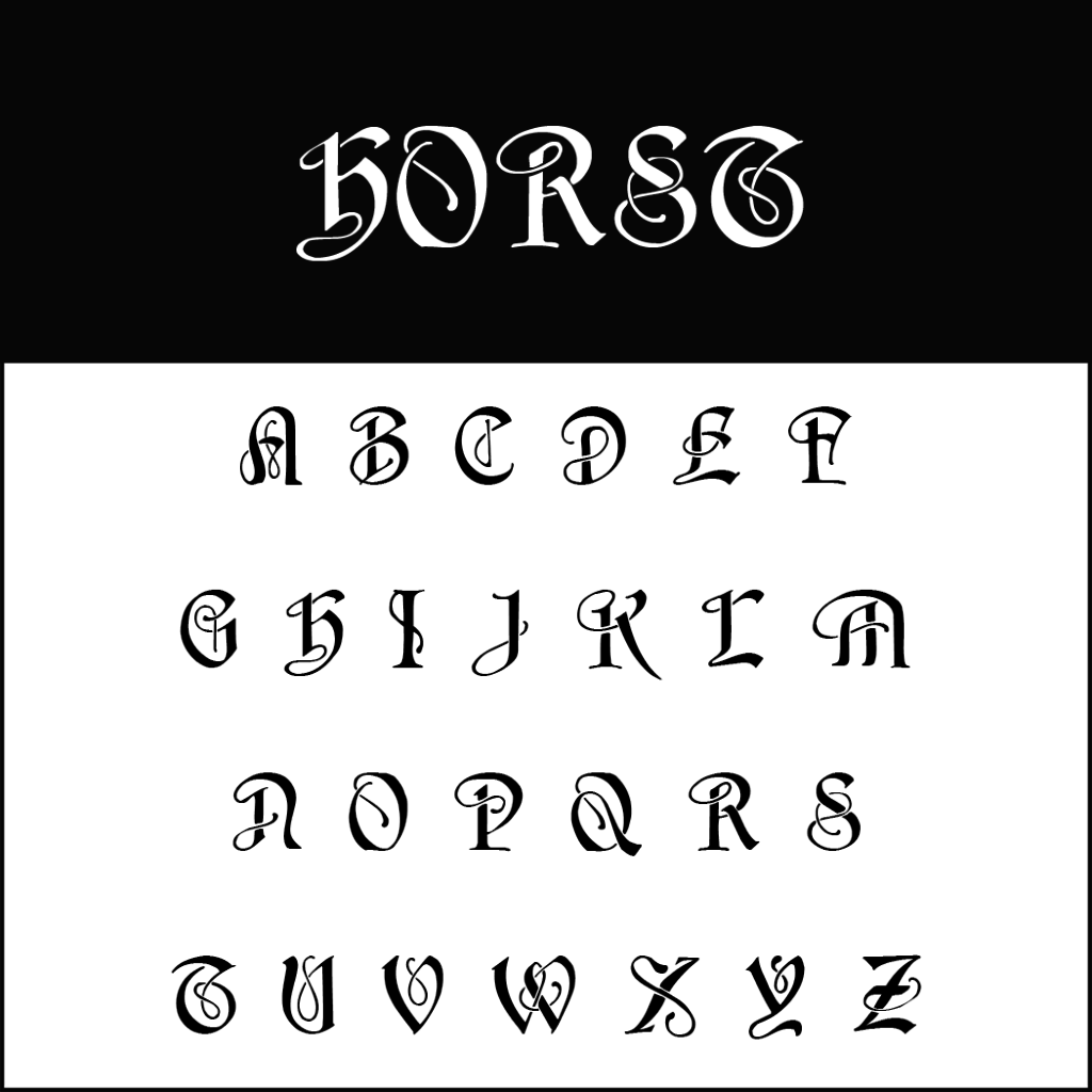 Visualizzazione di font stilizzati con lettere ornate perfette per un "font per matrimonio". La sezione superiore scrive HORST in una scrittura decorativa su uno sfondo scuro. In basso, l'intero alfabeto è esposto nello stesso stile intricato su uno sfondo bianco.