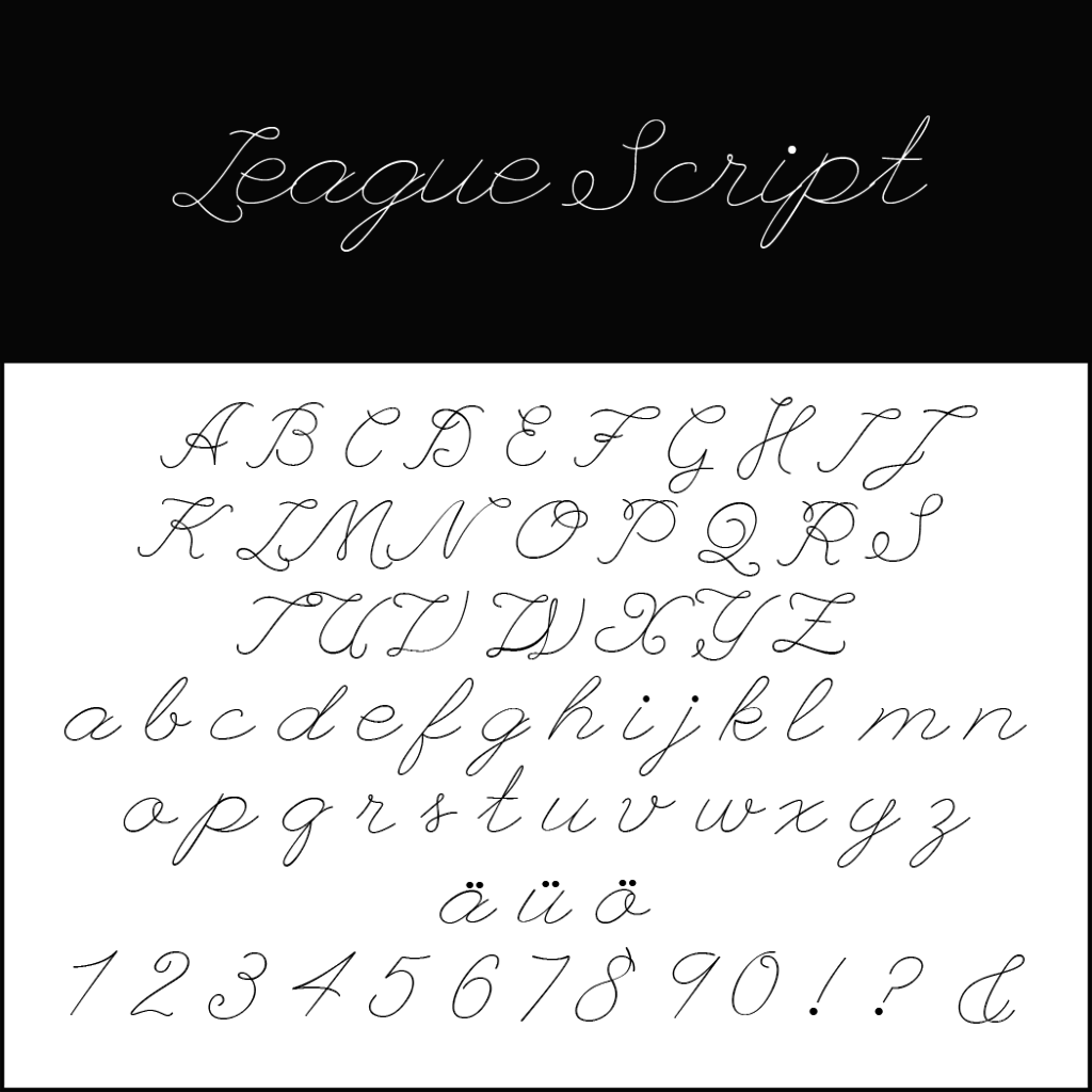 Esempio di font corsivo intitolato League Script visualizzato su uno sfondo scuro. Questo font elegante, perfetto per qualsiasi font per matrimonio, mostra lettere maiuscole e minuscole dalla A alla Z, include caratteri speciali come dieresi, numeri da 0 a 9 e punteggiatura di base.