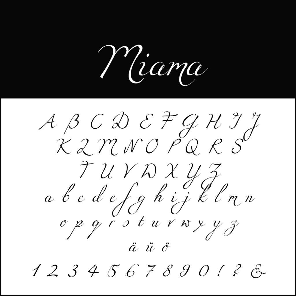 L'elegante font Miama, perfetto per la progettazione di font per matrimonio, è caratterizzato da lettere maiuscole e minuscole, caratteri speciali e numeri da 0 a 9, su uno sfondo bianco e nero a contrasto.