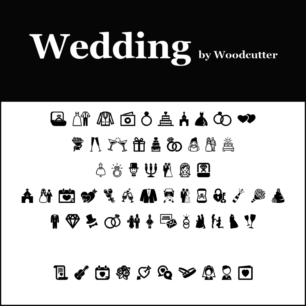 Una raccolta di varie icone nere su sfondo bianco raffiguranti oggetti a tema matrimonio, tra cui anelli, torte, abiti, bouquet, coppie, cuori e simboli correlati. "Wedding by Woodcutter" è visualizzato in grassetto in alto utilizzando un font classico per matrimonio.