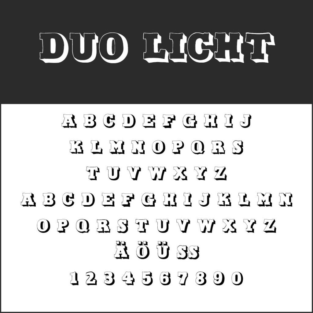 Un campione di font stilizzato intitolato Duo Licht, che ricorda un 'font da colorare', è visualizzato in grassetto, lettere bianche ombreggiate su uno sfondo nero. L'alfabeto è presentato in maiuscolo con caratteri speciali Ä, Ö, Ü, ß e numeri da 0 a 9 su uno sfondo bianco a contrasto.