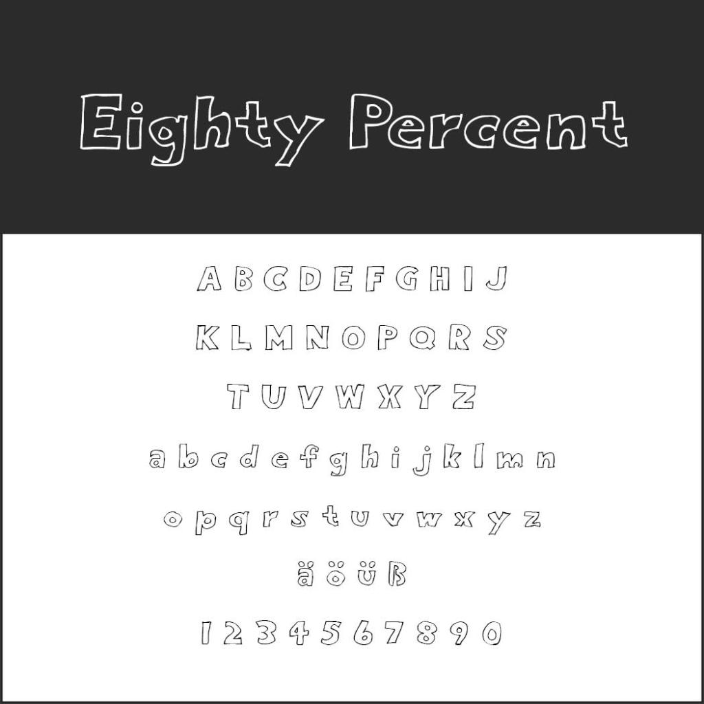 Un esempio di font disegnato a mano visualizzato con il titolo Eighty Percent in lettere grandi sopra. Sotto, l'alfabeto è mostrato in maiuscolo e minuscolo, inclusi i caratteri speciali (ä, ö, ü, ß) e i numeri da 0 a 9. Questo design affascinante è perfetto per coloro che cercano un'esperienza "font da colorare" unica.